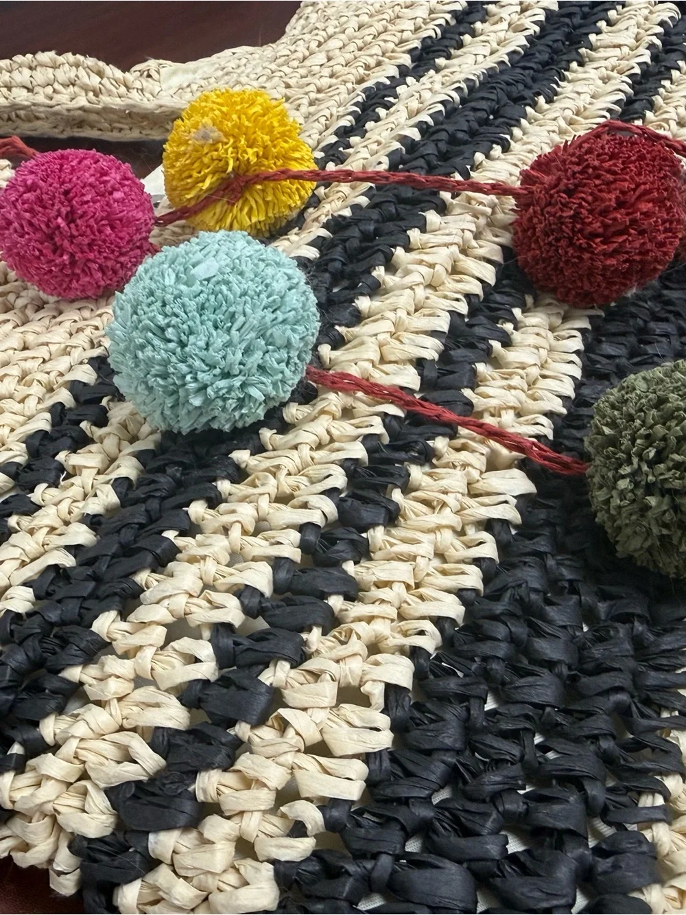 Handwoven Paper Yarn Tote Bag with Colorful Pom-Pome - Cream & Black